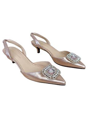 Adrienne Vittadini Kitten Heels Pink Metallic Rhinestone Brooch Pointy Toe (8.5)